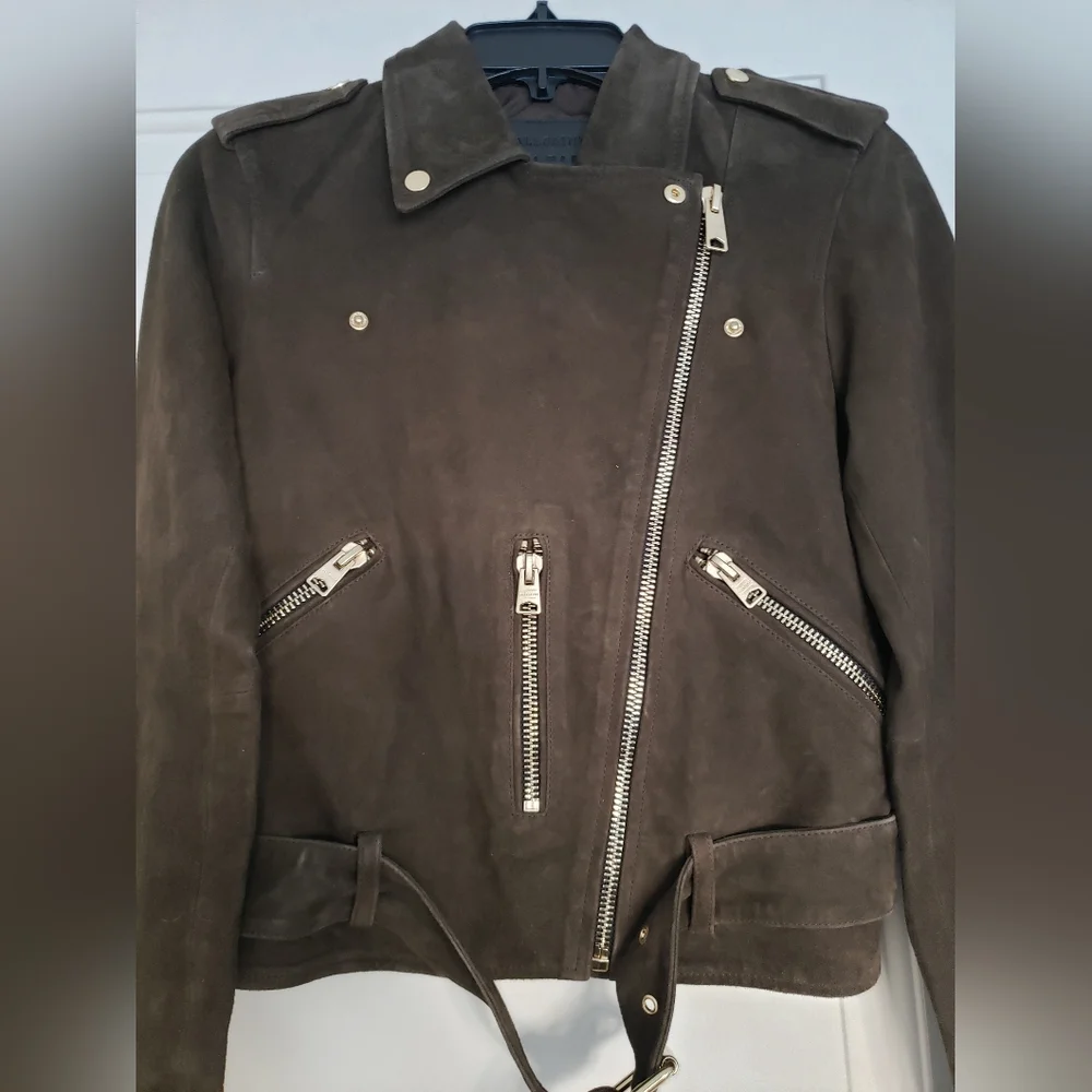 Allsaints suede balfern biker jacket in dark green womens size 2 - Picture 4 of 16